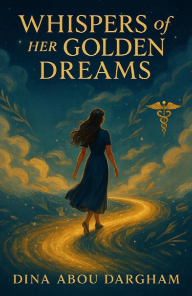 Whispers of Her Golden Dreams by Dina Abou Dargham: a woman following a golden path beneath a starry sky